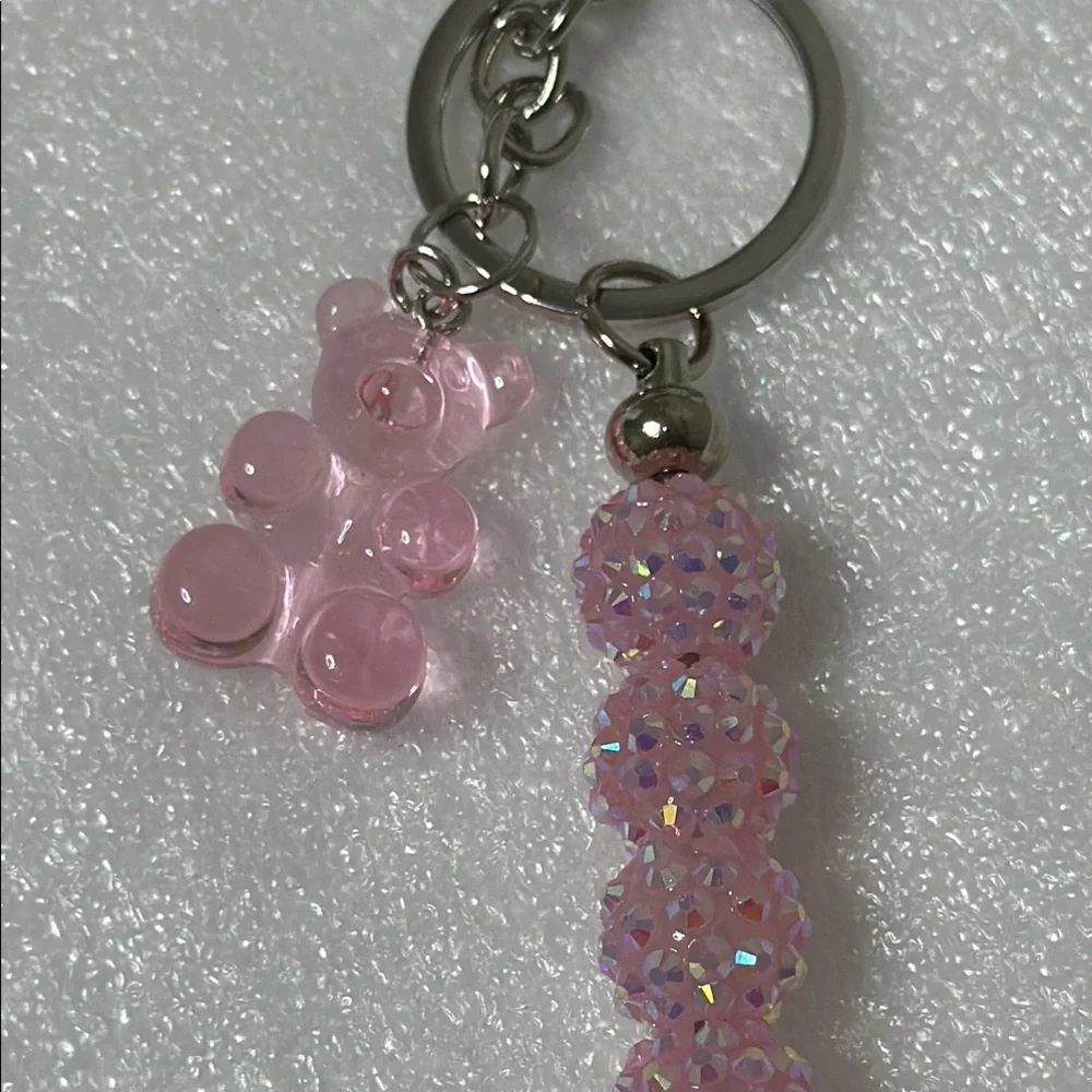 Pink Beaded Keychain with Bear Charm